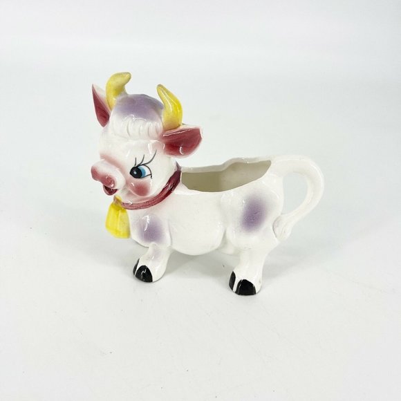 Vintage 1950 Japan Purple Cow with Yellow Bell Creamer Mid-Century Modern Figure